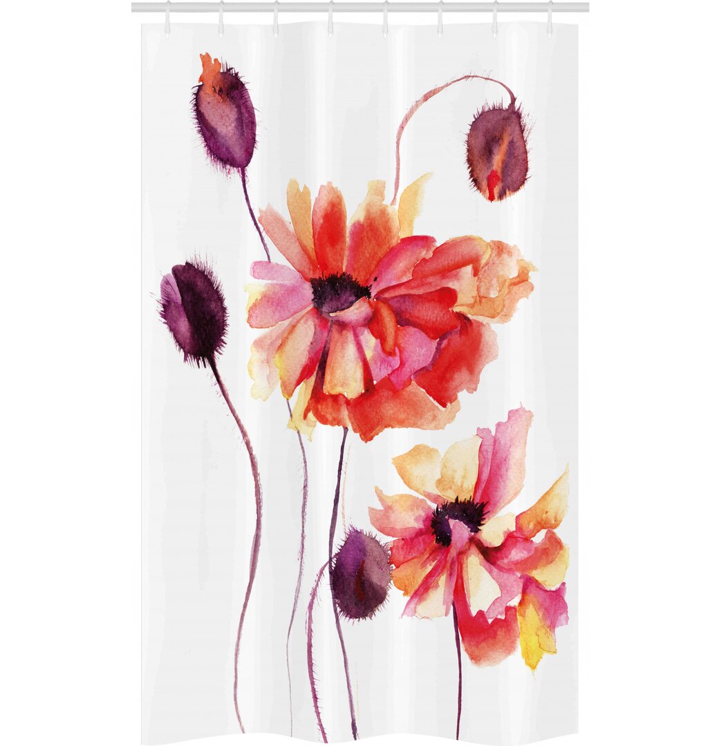 Schmaler Duschvorhang, Aquarell Mohnblumen-Knospen, Blume, Peach Scarlet Lila