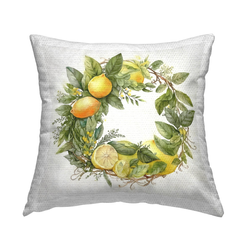 Coussin d'extérieur imprimé citron Citron Botanical Wreath par Ziwei Li