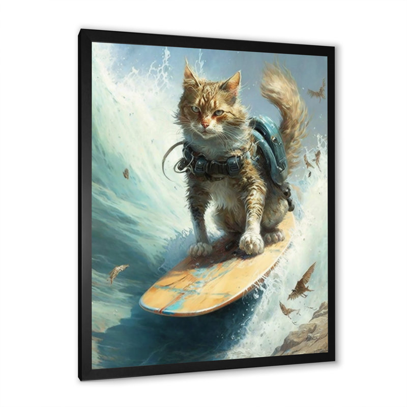 «Cat Surfing I», reproduction sur toile, Impression noire sur toile encadrée, L 12 po x H 20 po