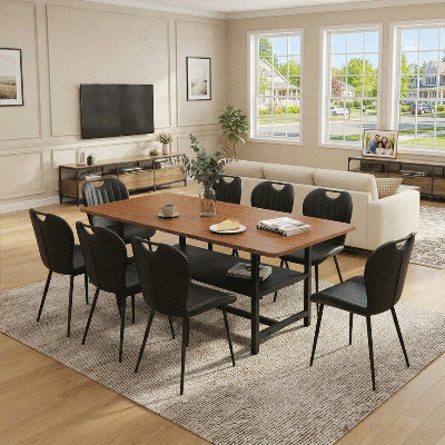 Rectangular Dining Table Set for 8, 71" Farmhouse Dining Table Set with 8 Upholstered Chairs and Storage Shelf, Wooden Tabletop with Black Metal Frame