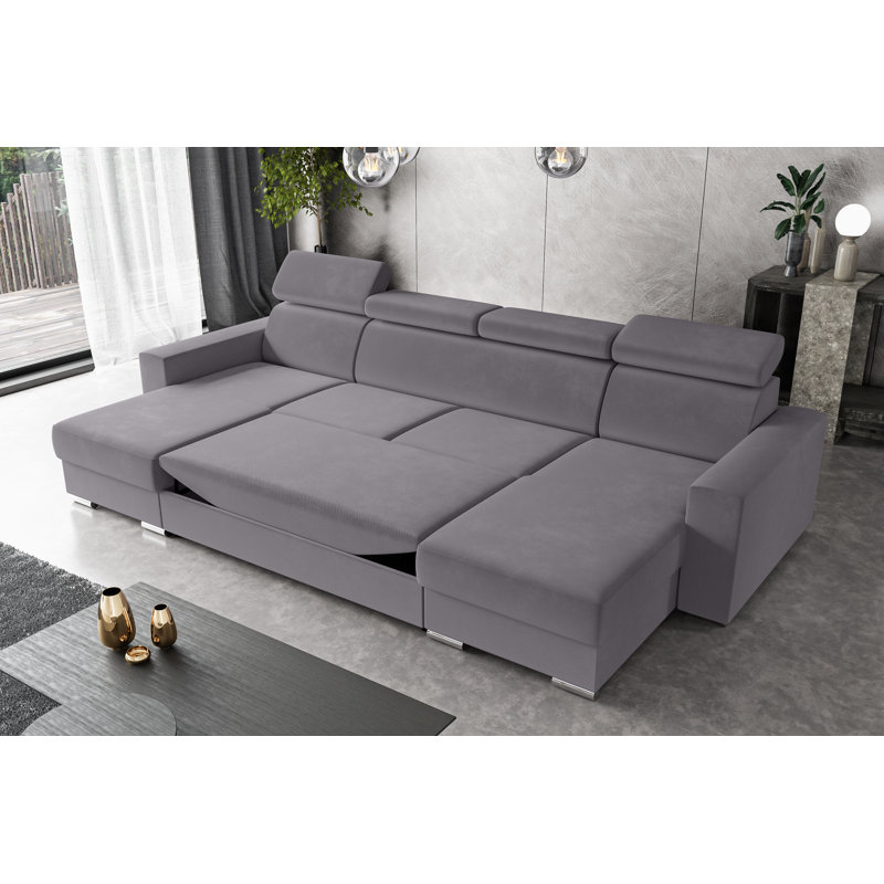 Corner sofa with sleep function and bed box FOX, Grey polyester