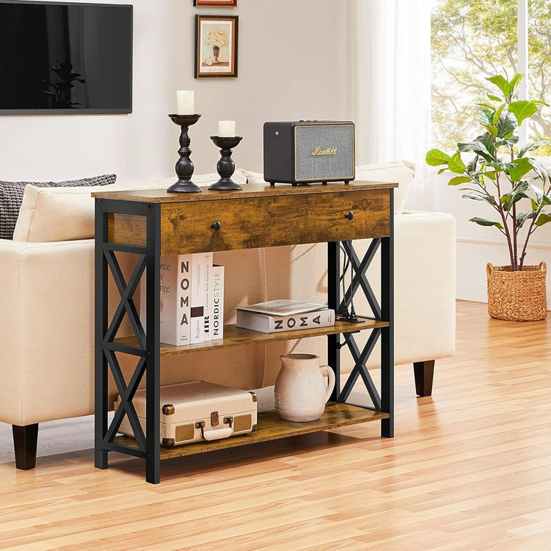 Console avec 2 prises et 2 ports USB, table d'entrée industrielle avec tiroir et tablettes de rangement