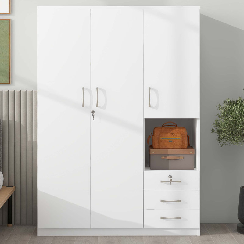 Armoire de rangement en bois à 2 portes pour la chambre à coucher, avec tablettes et 3 tiroirs, Blanc