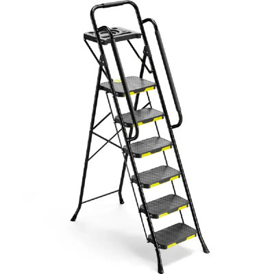 6 Step Folding Ladder With Tool Platform | Sturdy Steel, 800 LBS, Wide Pedal, Portable Safety Ladder For Adults Painting Home Outdoor Garage