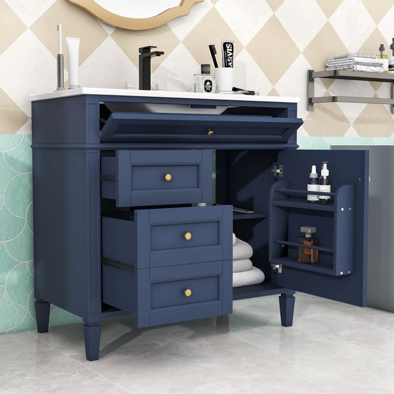 Armoire de salle de bain 2 tiroirs avec lavabo supérieur en bois Serish, Bleu