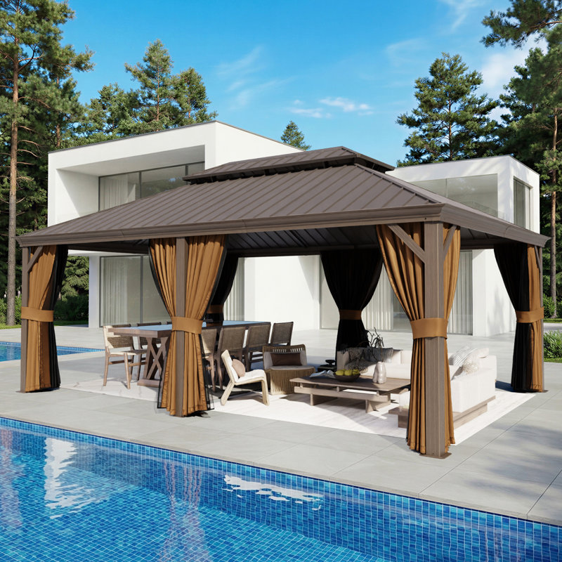 20 Ft. W x 14 Ft. D Outdoor Aluminum Hardtop Gazebo with Double-Layer Roof, Curtains, and Mosquito Net