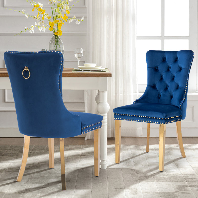 Chaises de salle à manger, chaise de salle à manger rembourrée haut de gamme avec anneau clouté, 4, Velours bleu foncé, Noir