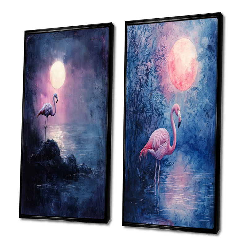 Flamant rose au clair de lune I - Collection d'art mural 2 panneaux animaux, H 40 po x l 41 po, Cadre flottant noir