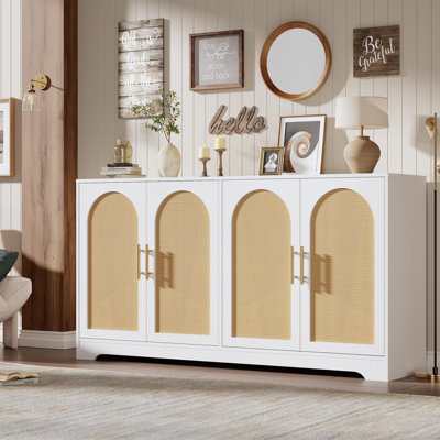 59" W Sideboard Buffet Cabinet- with 4 Rattan Doors, Large Storage Console Table & Modern Accent Coffee Bar Cabinet for Living Room, Kitchen, Hallway, Dining Room, Entryway