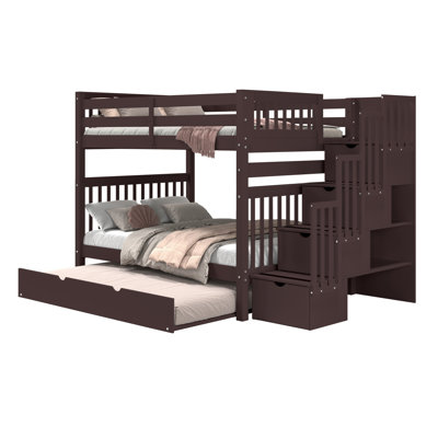 Tena Solid Wood Standard Stairway Bunk Beds Full over Full, 4 Drawers in the Steps, Twin Trundle, Dark Cherry