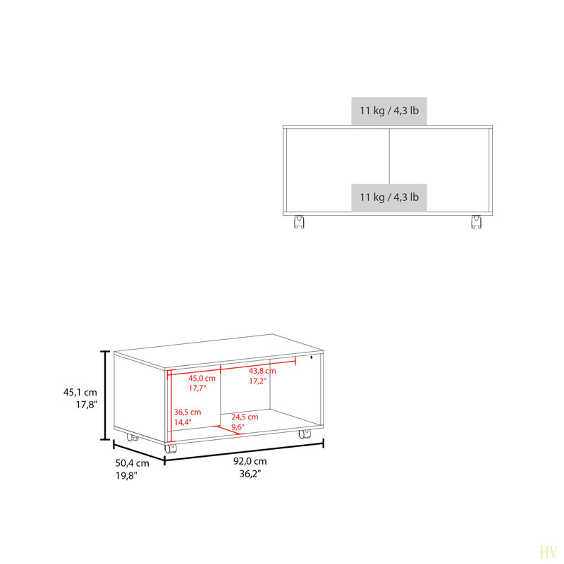 Table basse, 4 roulettes, 1 tablette