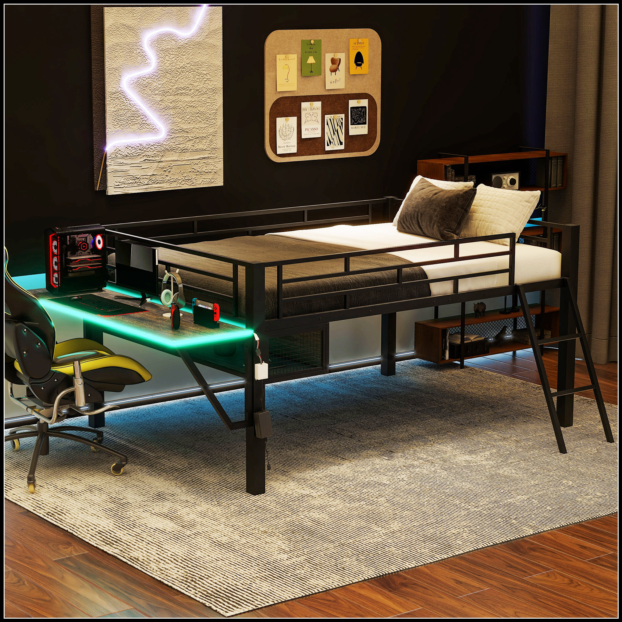 Isabelle & Max™ Gaming Mid Loft Bed with Desk, LED Lighting, and