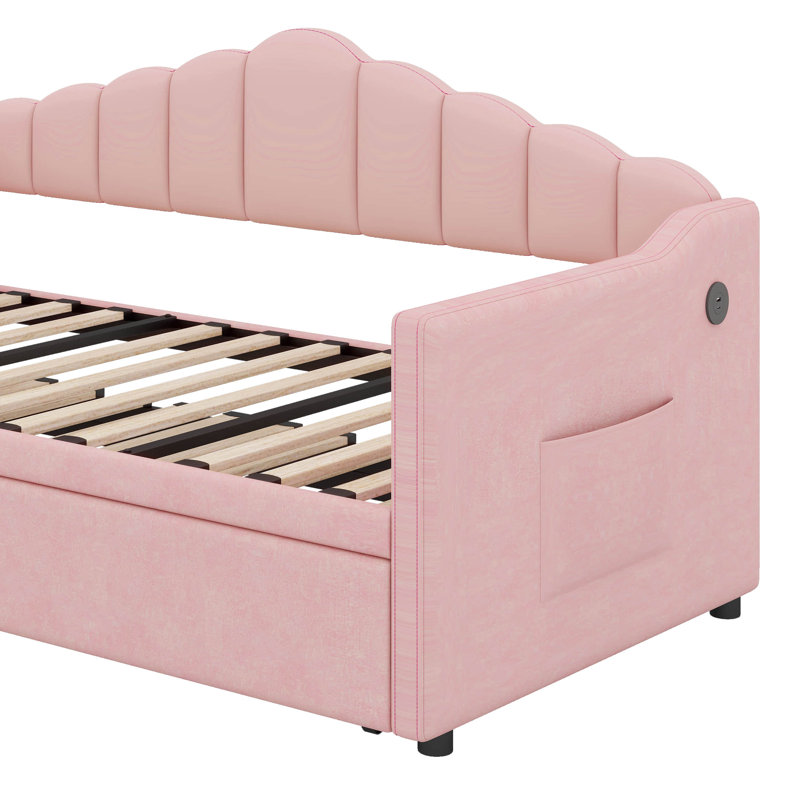 Lit de jour rembourré simple avec lit gigogne réglable en hauteur, Rose