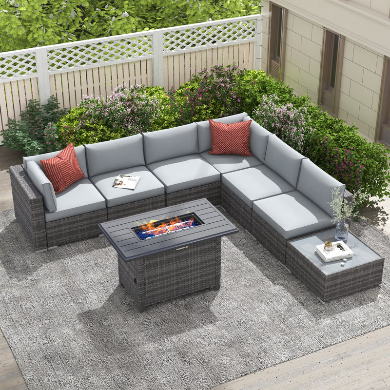 Ensemble de conversation d'extérieur pour 6 personnes avec coussins Caydin, Structure grise / coussin gris clair