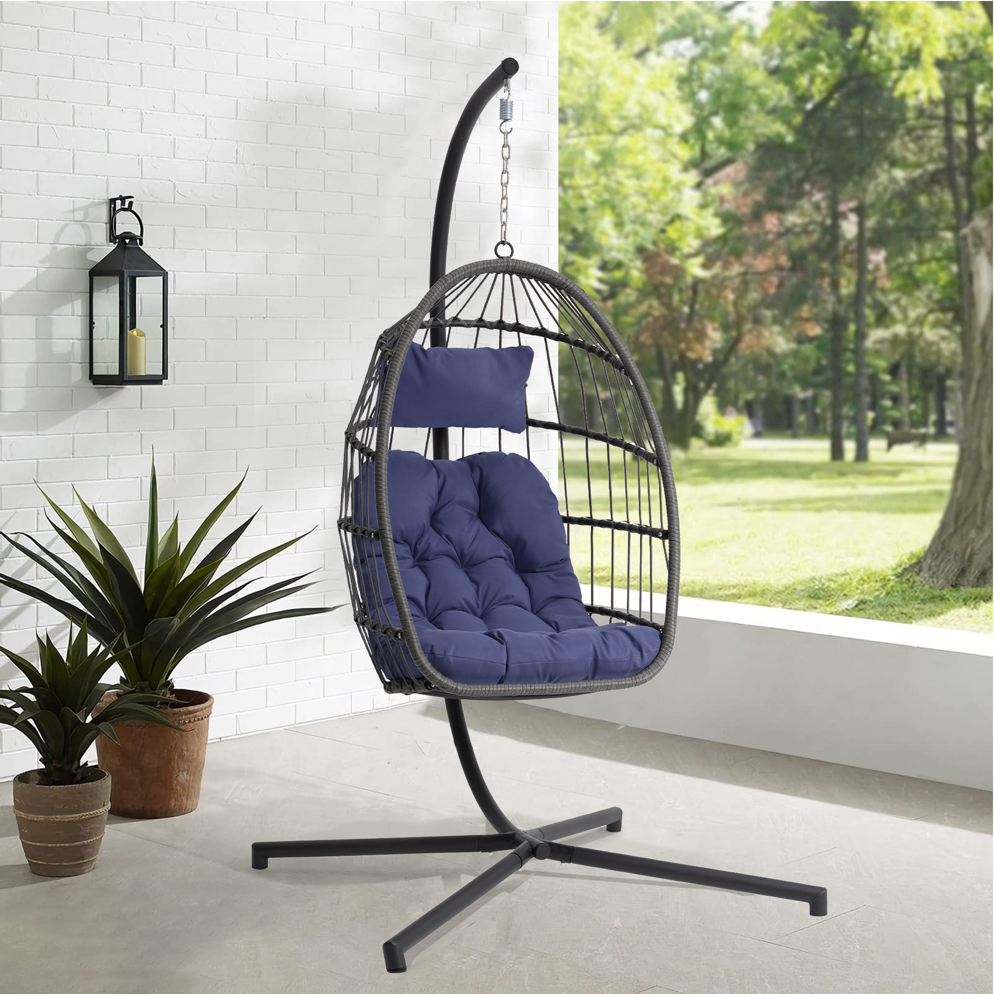 Cohdwell Hanging Egg Chair with Stand, Patio Wicker Hammock Swing Chair with Soft Seat Cushion Dakota Fields Cushion Color: Dark Blue