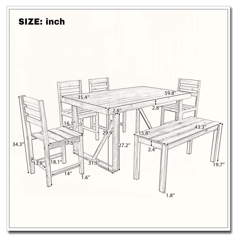 Ensemble de salle à manger 7 pièces avec banc en bois d'acacia, Brun