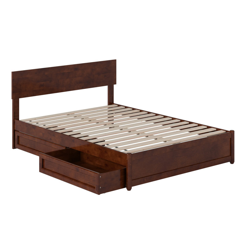 Lit plateforme Lamecia avec pied de lit à panneau et tiroirs de rangement, Double, Noyer