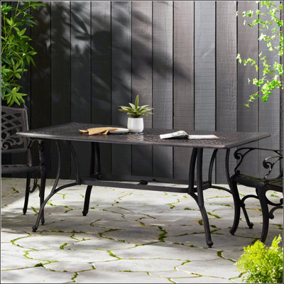 Table de salle à manger d'extérieur rectangulaire en fonte d'aluminium avec motif en treillis et trou pour parasol, résistant à la rouille et durable