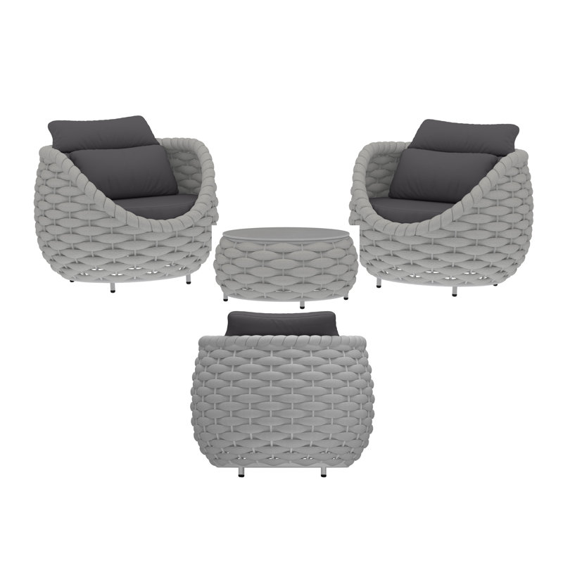 Ensemble de chaises de patio pour 3 personnes avec table basse, 4 Pcs: Table, 3 Chairs, Dark Grey, Light Grey Textilene Rope