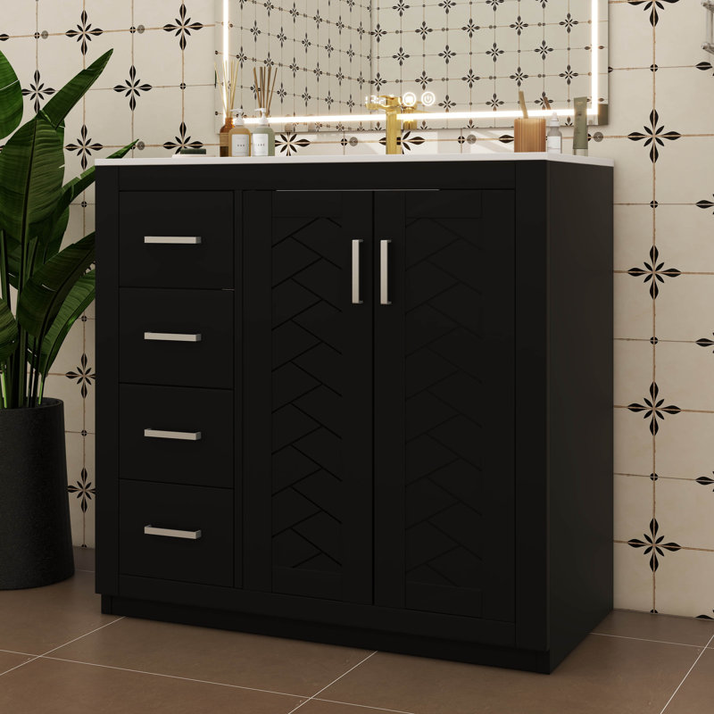 Meuble-lavabo de 36 po avec lavabo en céramique, meuble de rangement moderne à 3 tiroirs et 2 portes, meuble-lavabo autoportant, fermeture en douceur