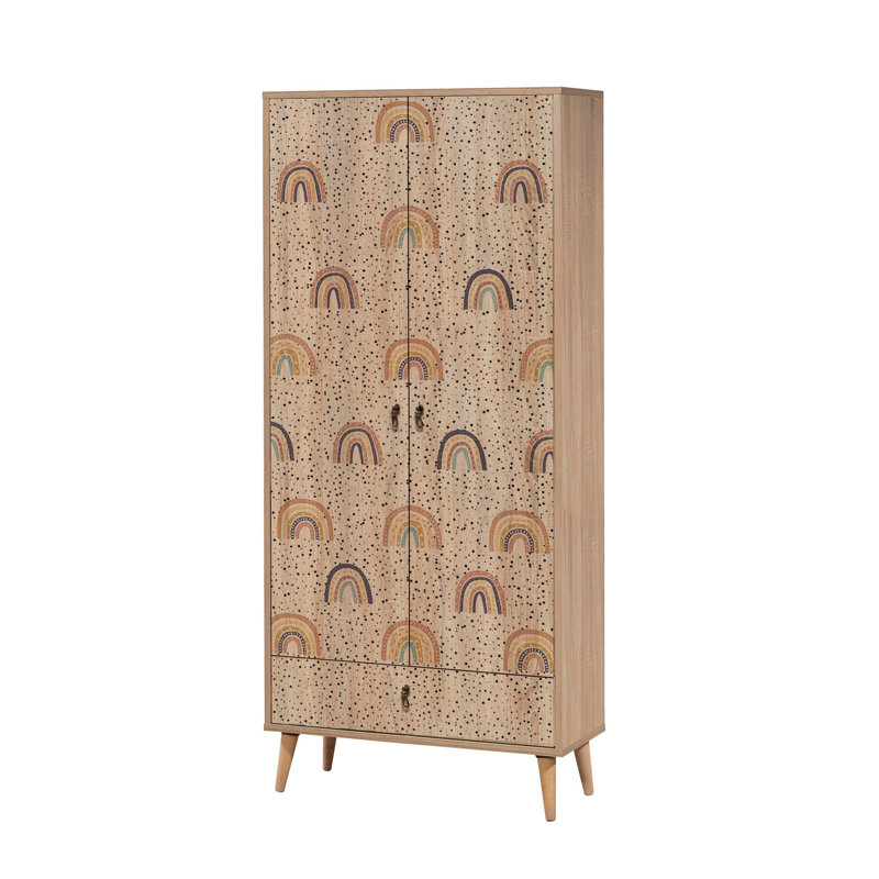 Stylish Bohemian Wardrobe with Geometric Design, 31.5 x 74.8 x 17.7 inches | 100% Melamine Coated Particle Board, Wooden Legs, UV Digital Printing | Numerous Shelves, Wall-Mountable, Extra Storage Solution