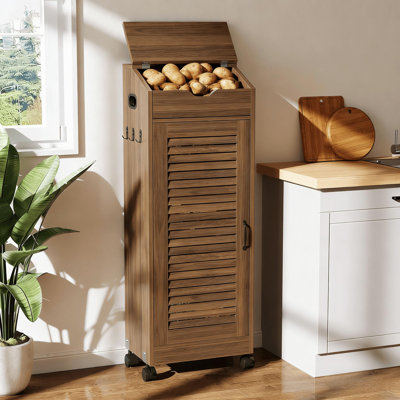 4-Tier Potato Onion Garlic Storage Cabinet with Ventilated Shelves, Mobile Kitchen Organizer on Casters with Brakes, Rustic Farmhouse Vegetable Fruit Stand for Pantry or Countertop Space Saving