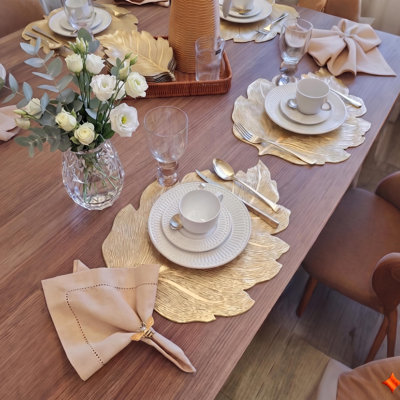 Vinyl Placemats Set of 6, Washable Leaf Patterned Table Mats (Gold)