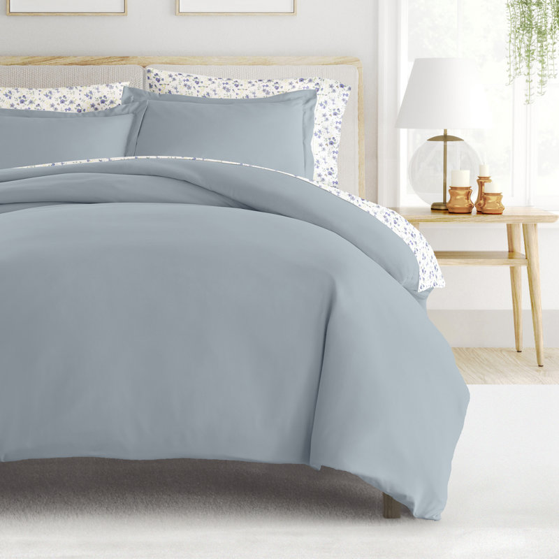 Ensemble de literie 8 pièces - Housse de couette unie, ensemble d'édredon et ensemble de draps à motifs, Bleu gris floral