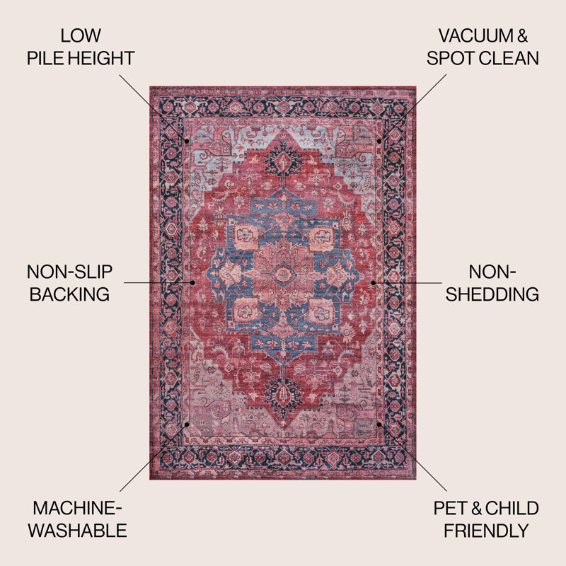 Tapis rouge / noir / bleu Sarok, Rectangle 5 pi 3 po x 7 pi 7 po