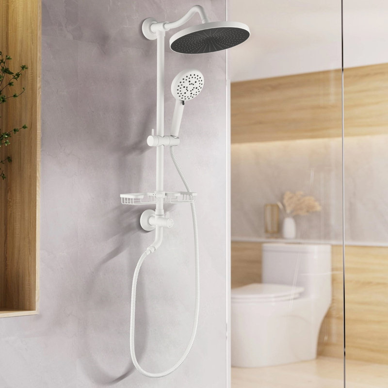 Wall Mount Shower System, 10" Rainfall Shower Head With Slider Bar Handheld Spray And Soap Dish, White