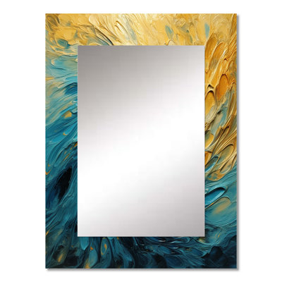 Golden Ocean Swirling Waves Painting II - Abstract Spirals Decorative Wall Mirror, Gold Large Mirror, Printed Metal Art