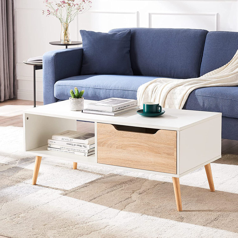 George Oliver 39" Modern Coffee Table with Storage Drawer and Rubber Wood Legs, Oak