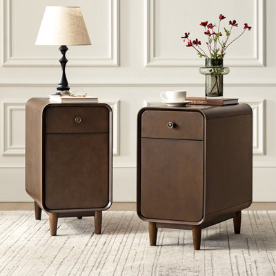 Elmaz MCM Solid Wood 1-Drawer And Legs End Table With Backside Magazine Rack Set of 2