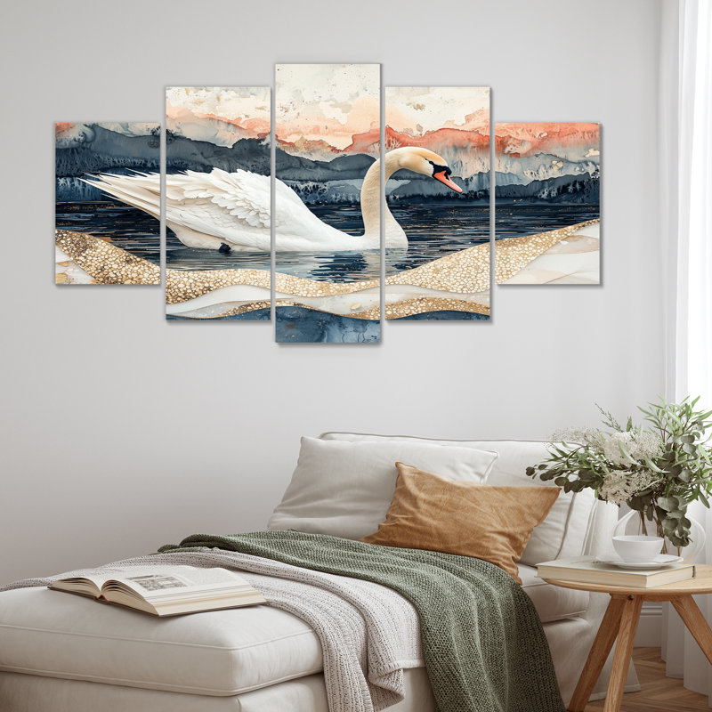 Marbre dansant du cygne V - Art mural animal cygnes - décoration murale moderne 5 pièces