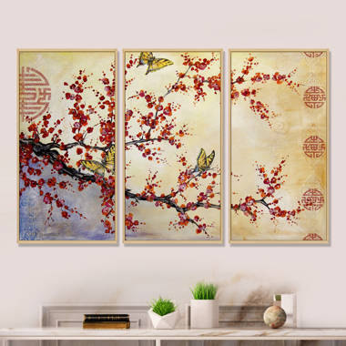 Winston Porter Butterfly Blossoms-Asian Framed On Canvas 3 Pieces Graphic  Art | Wayfair
