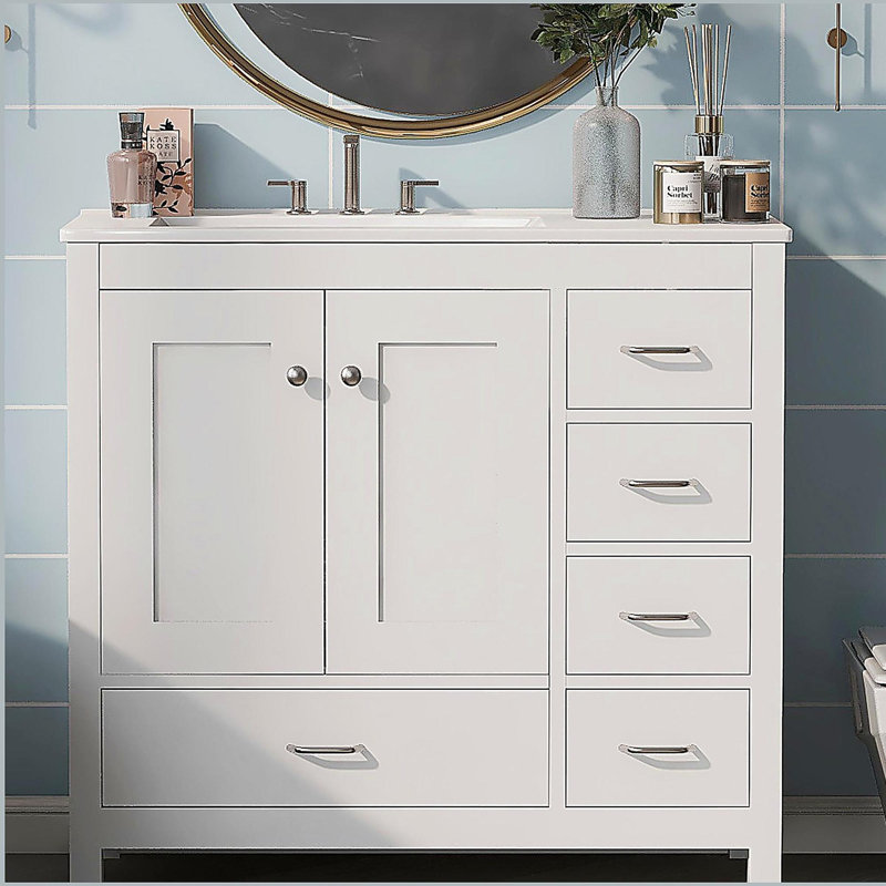 Meuble-lavabo 36 po avec lavabo en céramique, armoire de salle de bain avec 5 tiroirs et 2 portes, Gris