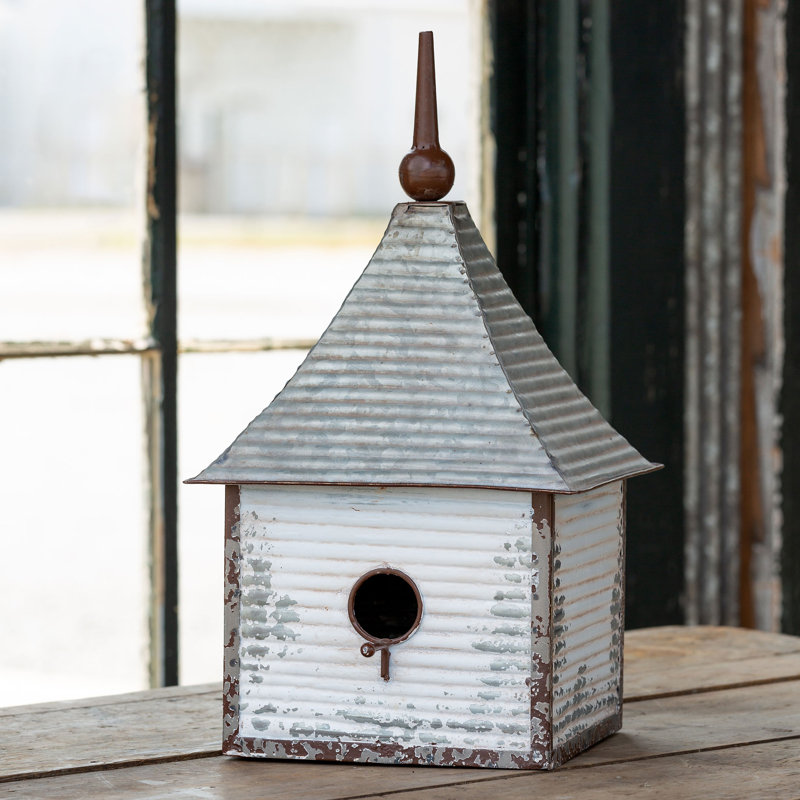 Distressed White Iron Steeple Top Birdhouse