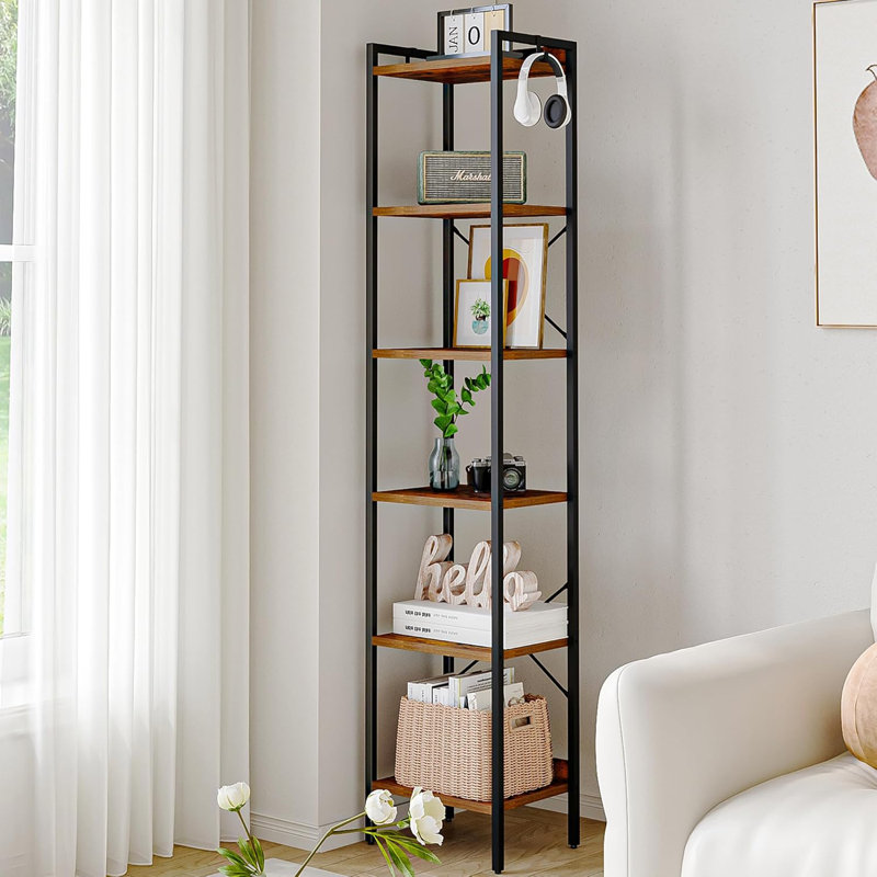 Everlene Bookshelf, Book Shelf, Industrial Bookcase with 2 Hooks, Coner Shelf Storage Organizer for Home Office, Living Room, Bedroom, Kitchen