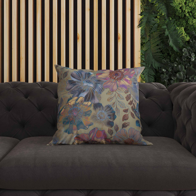 Coussin intérieur / extérieur Painted Petalscape, Vert / Beige / Mauve, Carré 16 po
