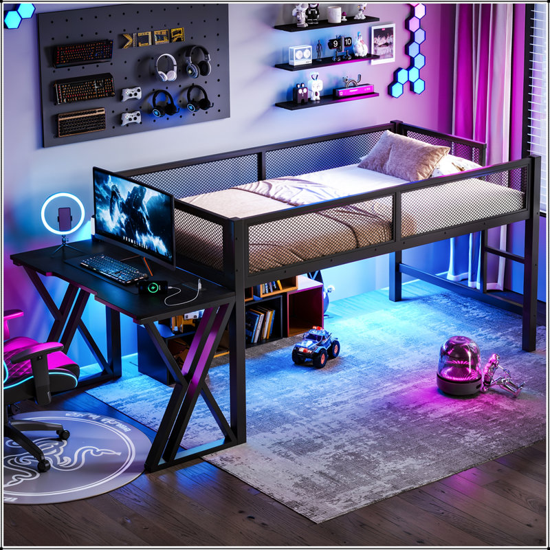 Lit mezzanine simple TG avec bureau, DEL, port USB et escalier, Simple extra long