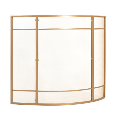  Regina 1-Panel Curved Iron Fireplace Screen with Grid Pattern, Golden Finish