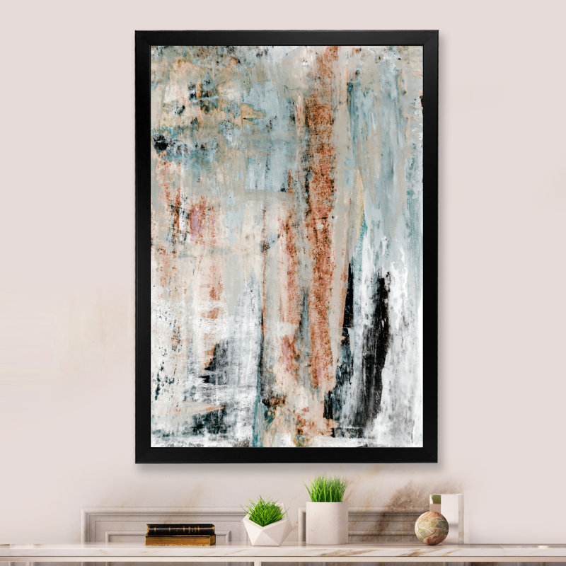 " Grey Meets Beige Abstract Splash " Painting Print, Black Picture Framed, 20" H x 12" W x 1" D
