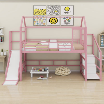 Lit mezzanine House avec glissade et escalier, lit de jeu en métal avec tablettes de rangement