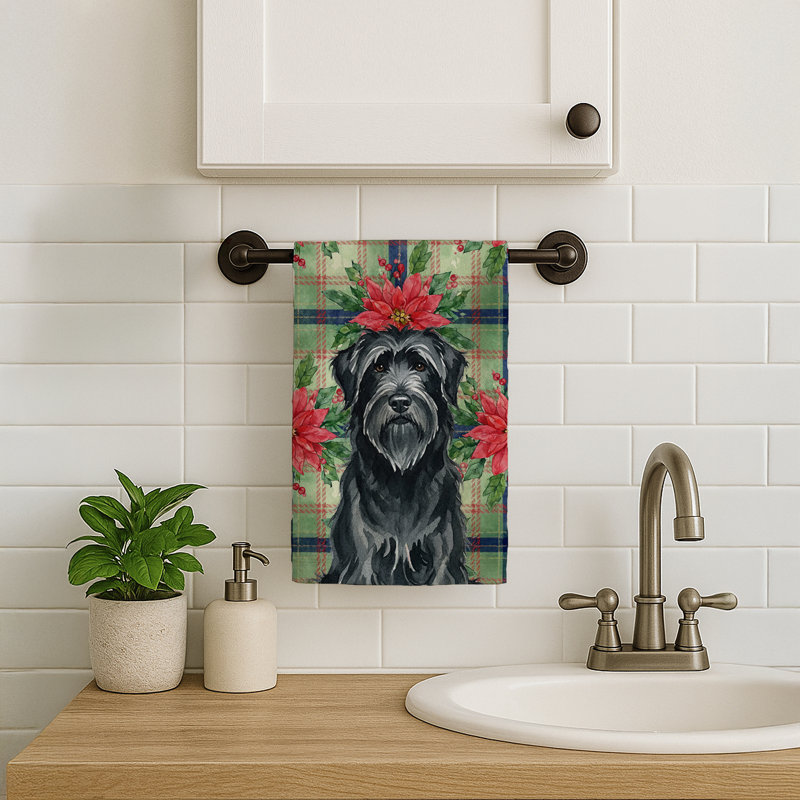 Black Briard Christmas PoinsettIas Kitchen Towel, Black Briard