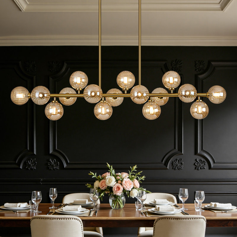 16 - Light Dimmable Bubble Glass Sputnik Modern Linear Chandelier, Gold/Amber