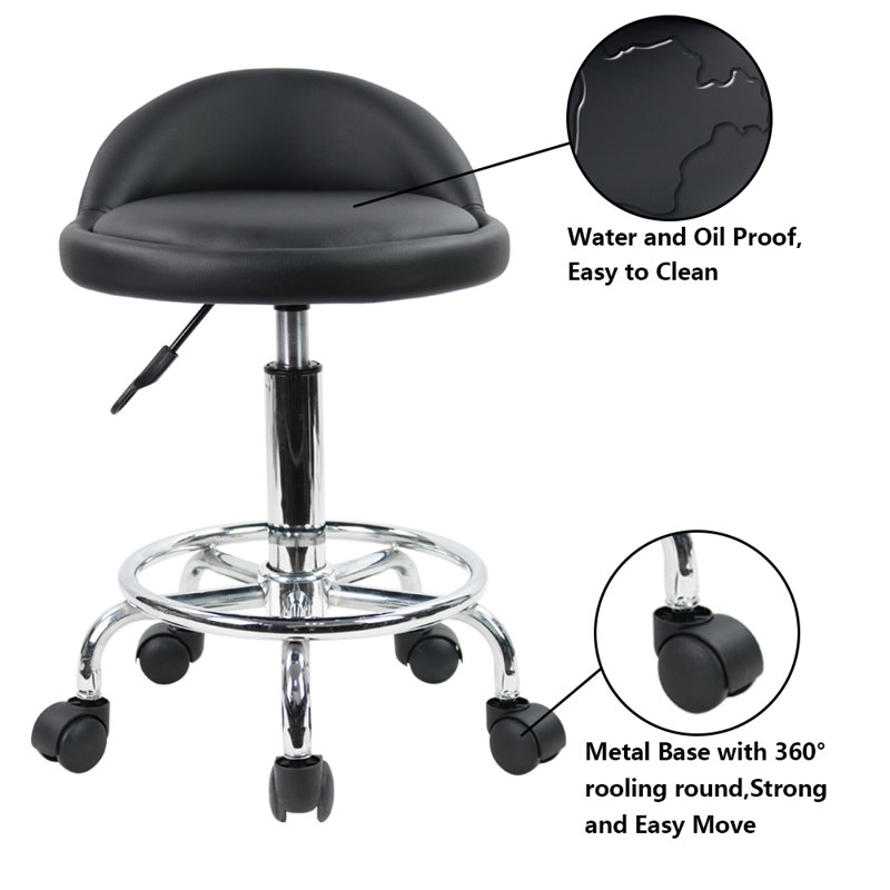 Backed Adjustable Height Ergonomic Lab Stool with Footring Wheels, Black