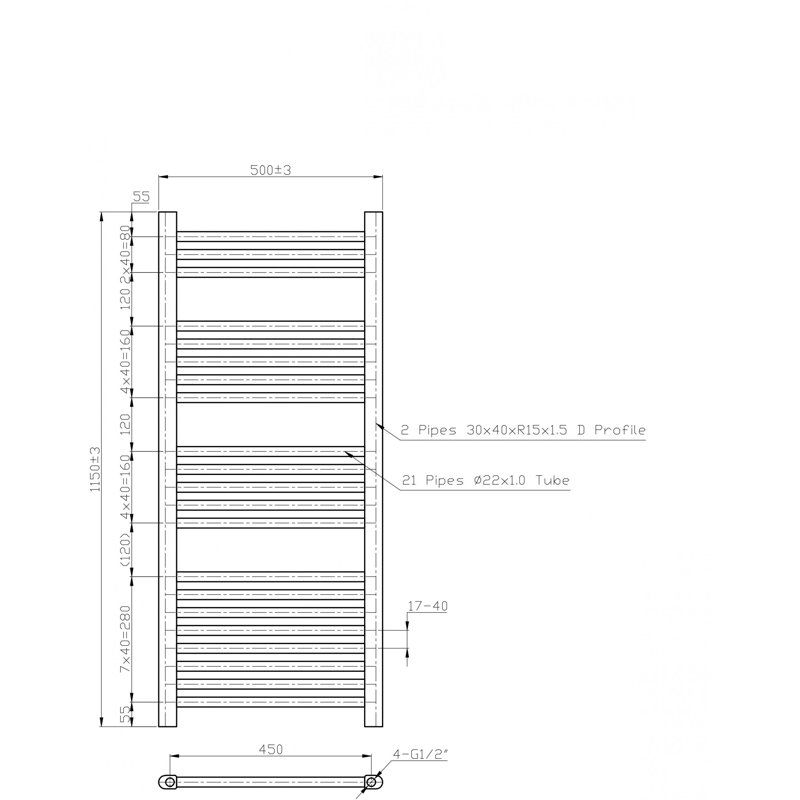 Piazza Straight Towel Rail Heated Towel Rails, 115cm H x 50cm W x 3cm D, White