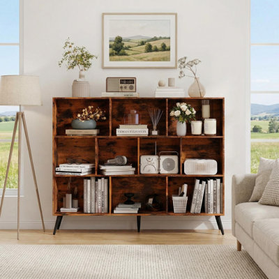 Bibliothèque en bois à 3 niveaux avec tablette ouverte, bibliothèque de 10 cubes, bibliothèque de rangement autoportante avec 5 pieds en fer pour le bureau personnel, le salon, la chambre à coucher, brun