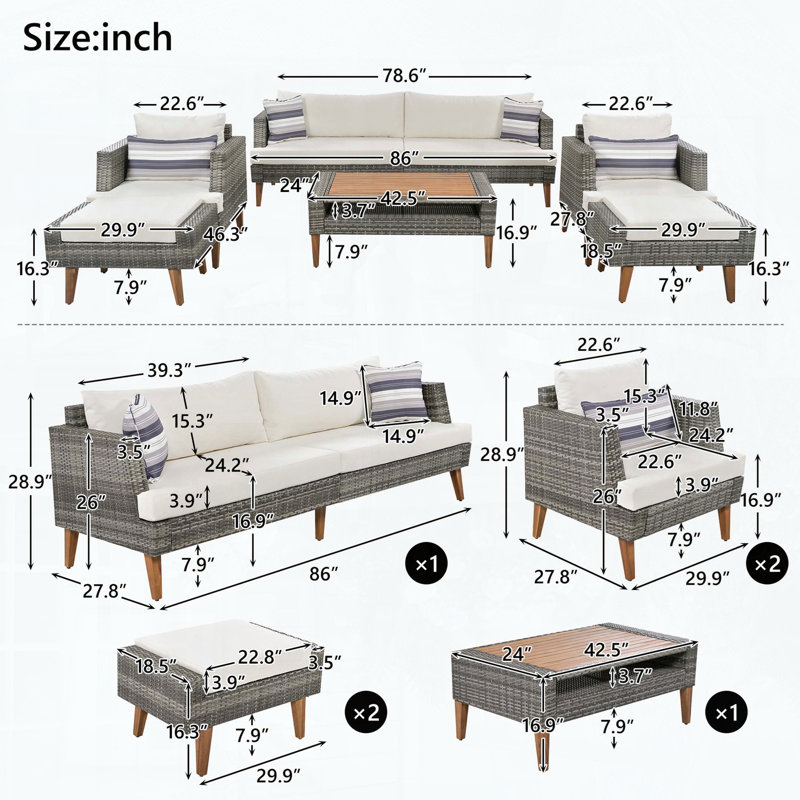 6-Piece All-Weather PE Wicker Sofa Set with Double Cushions & Table Cover, Beige, Gray
