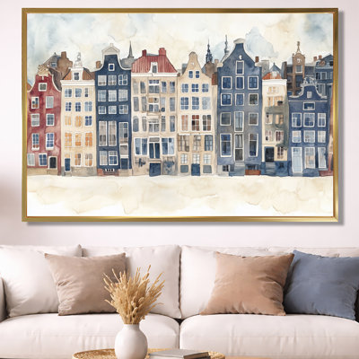 Maisons des canaux d'Amsterdam - Tableau encadré sur toile représentant un paysage urbain bleu marine